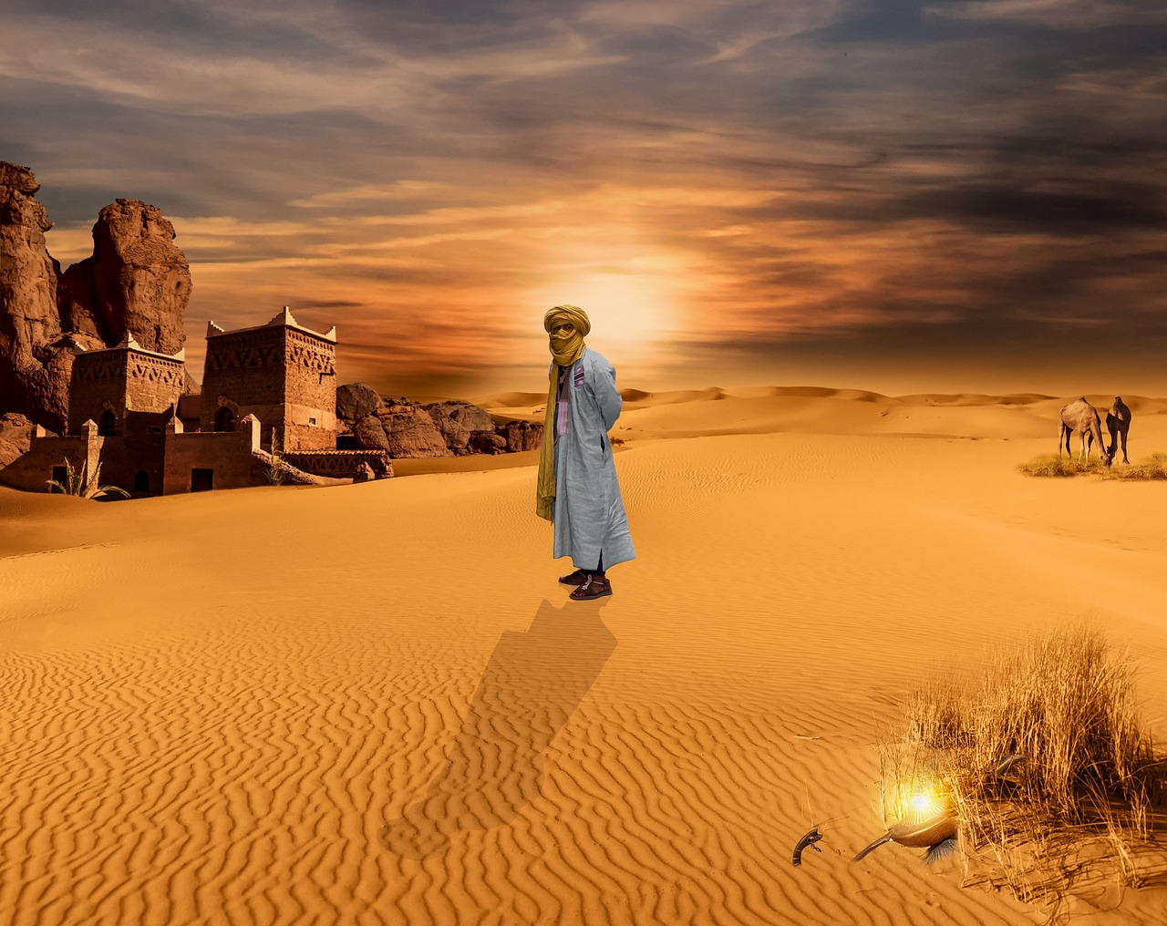 Man walking across golden sand dunes in the Sahara Desert at sunset, Morocco