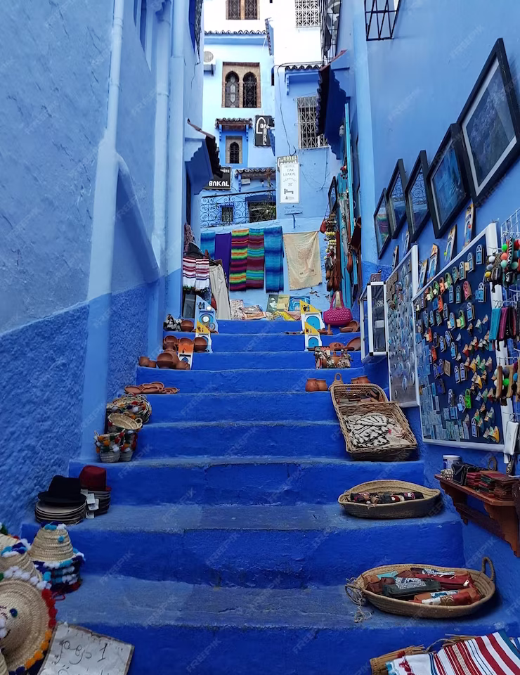 Vibrant blue street in Chefchaouen, the Blue Pearl of Morocco
