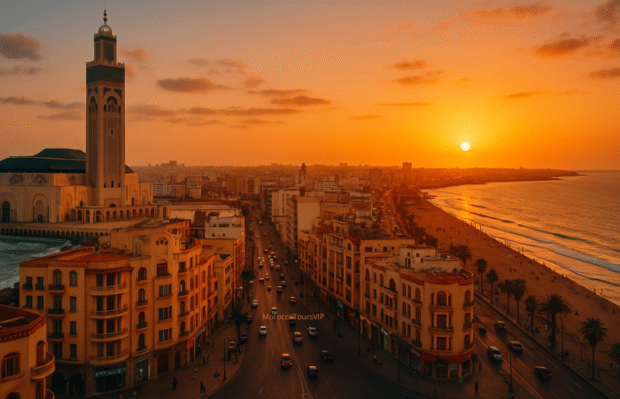 Sunset over Casablanca city with view of the Hassan II Mosque and coastal skyline