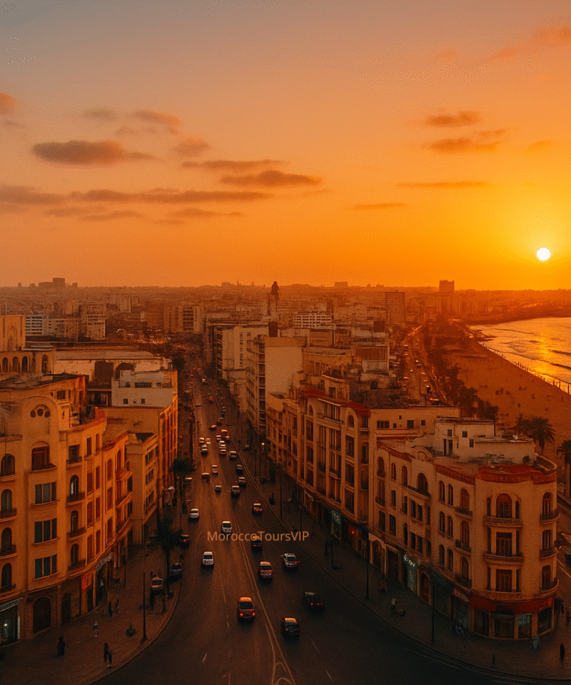 Sunset over Casablanca city with view of the Hassan II Mosque and coastal skyline