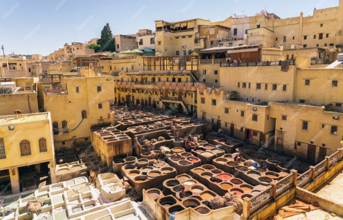 Aerial view of traditional leather tanneries in the old medina of Fes, Morocco Title: Fes Leather Tanneries