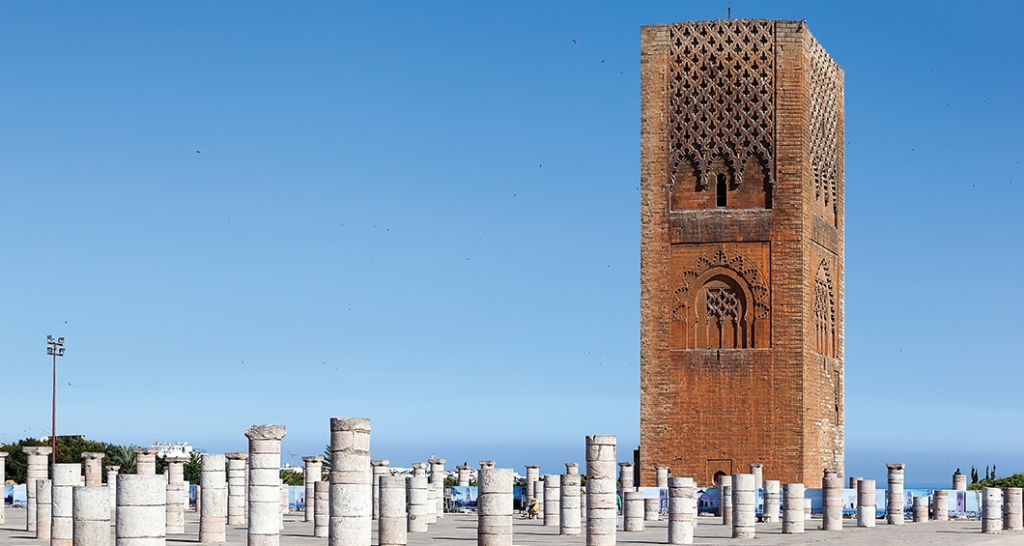 Hassan Tower in Rabat, Morocco, under a clear blue sky