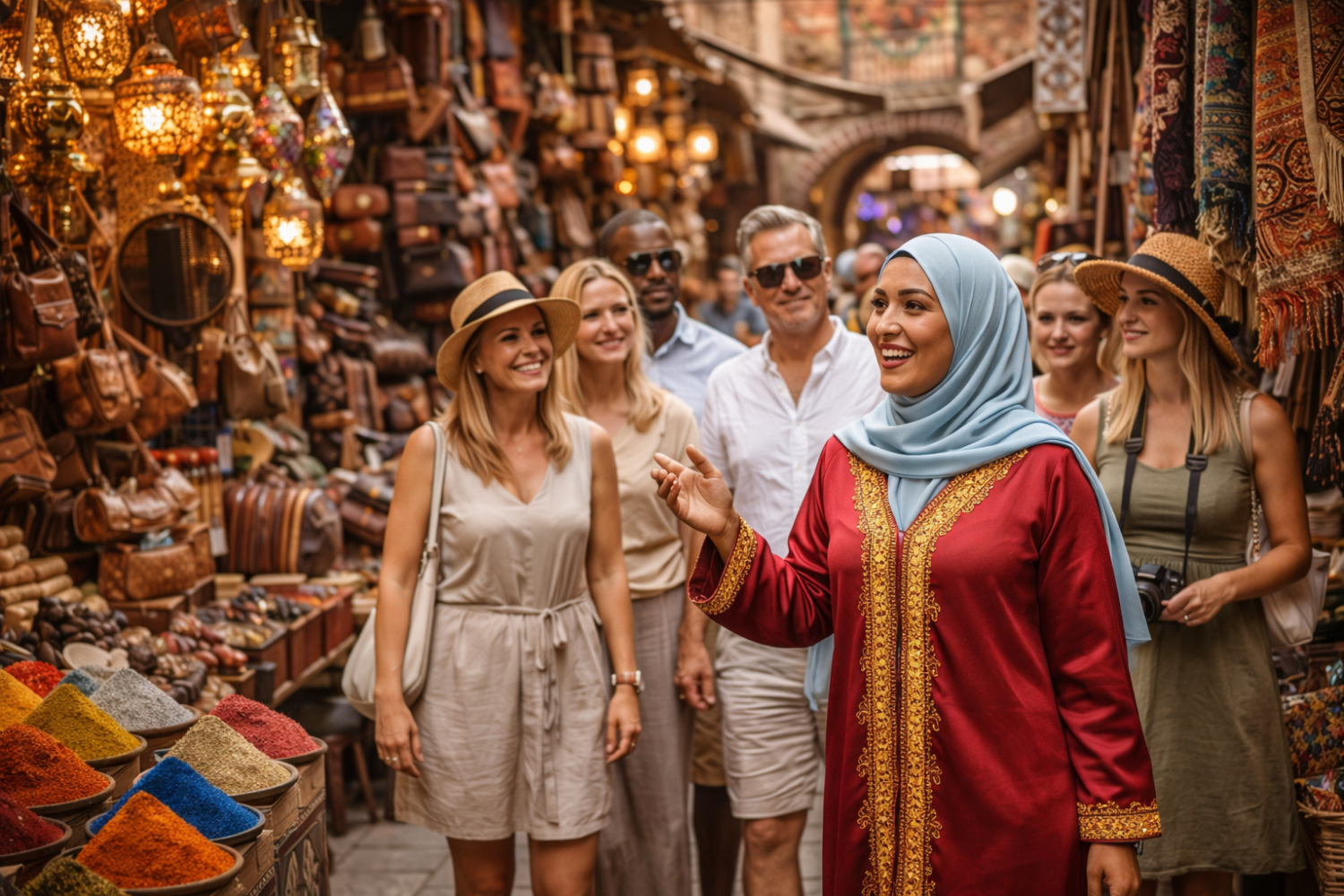 Female Tour Guide Leading Tourists in Marrakech Souk women only private marrakech tour female guide leading group in souk medina