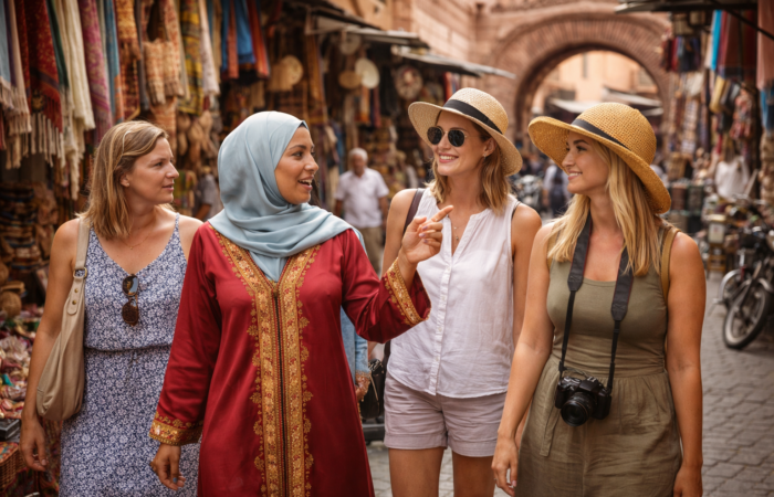 women only private marrakech tour female guide leading tourists in marrakech medina
