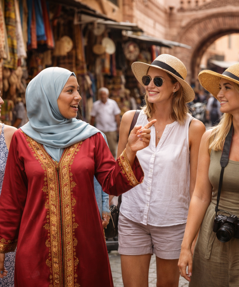women only private marrakech tour female guide leading tourists in marrakech medina
