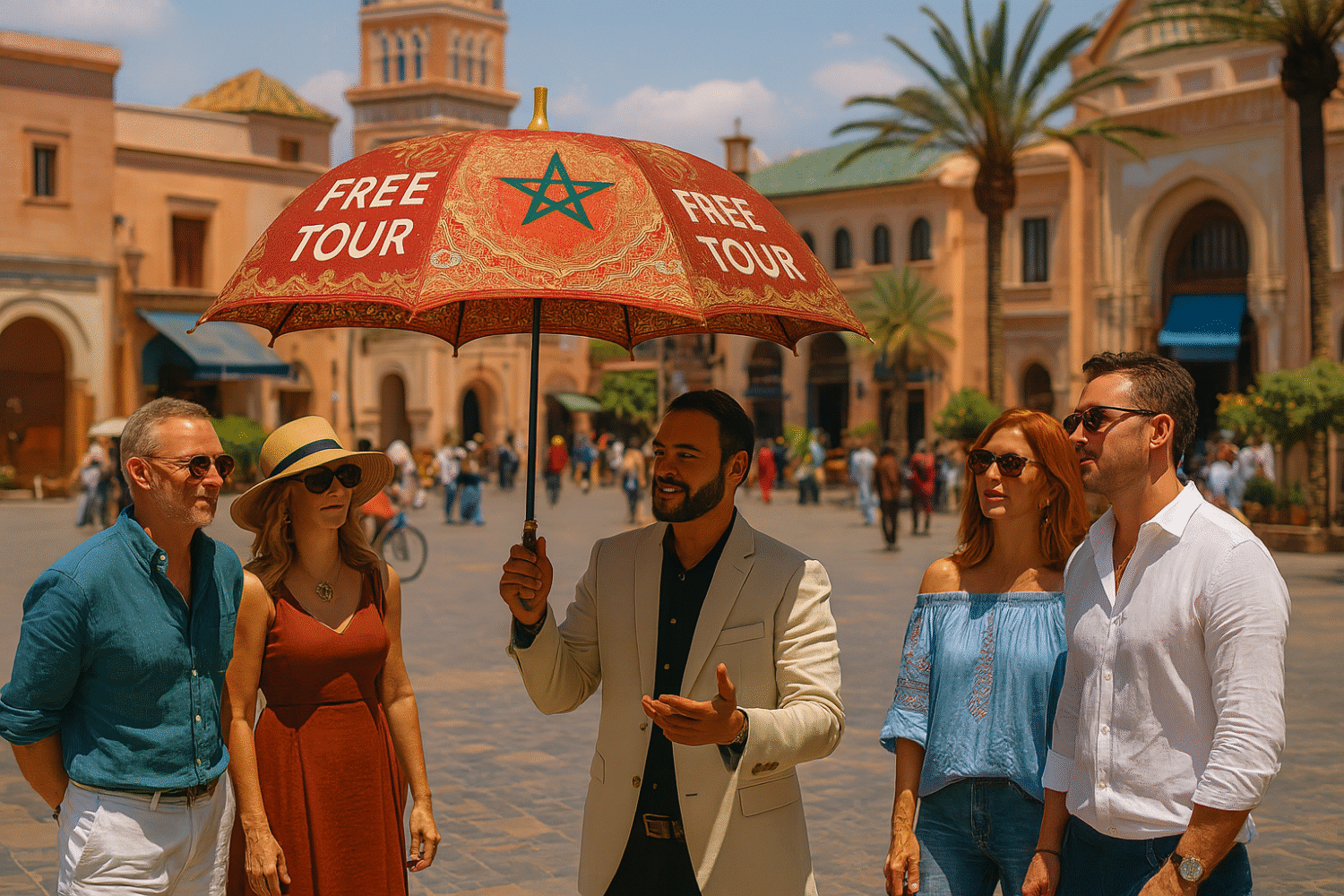 Tour guide holding a Morocco Tours VIP umbrella during a free walking tour in Marrakech with international tourists in a lively square