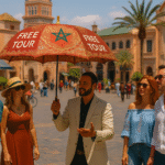 Tour guide holding a Morocco Tours VIP umbrella during a free walking tour in Marrakech with international tourists in a lively square