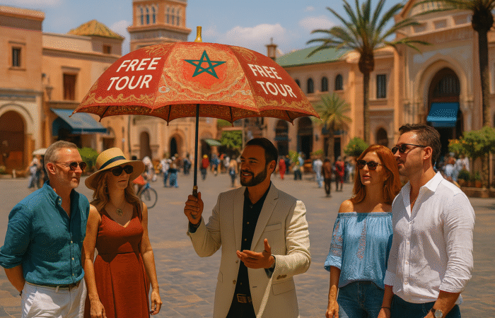 Tour guide holding a Morocco Tours VIP umbrella during a free walking tour in Marrakech with international tourists in a lively square