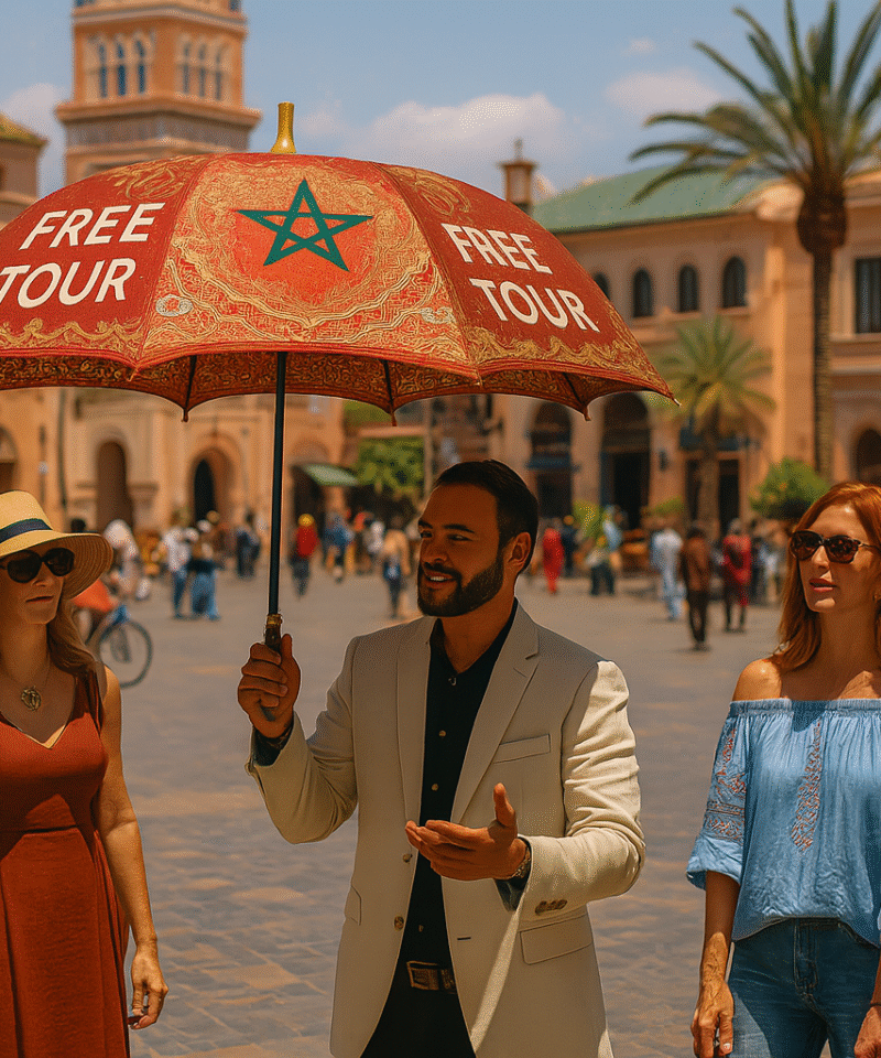 Tour guide holding a Morocco Tours VIP umbrella during a free walking tour in Marrakech with international tourists in a lively square