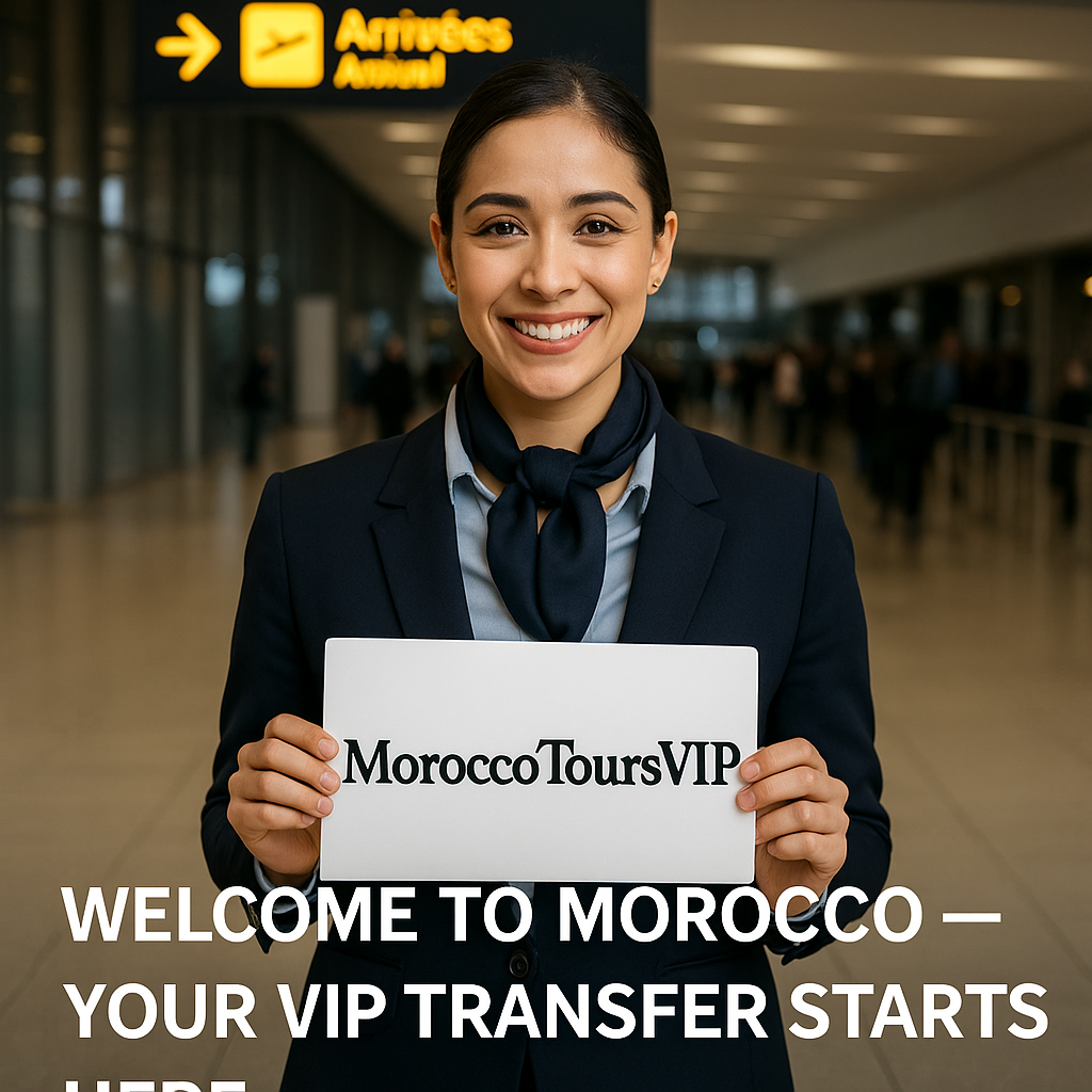 A smiling greeter at Marrakech airport holding a MoroccoToursVIP sign, ready to welcome guests.