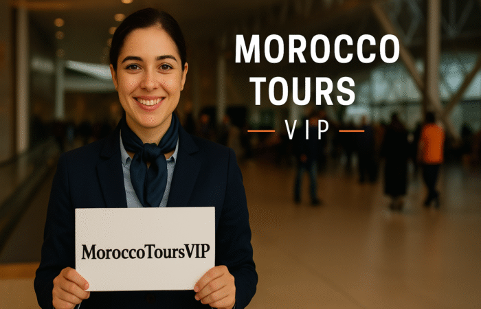 A smiling greeter at Marrakech airport holding a MoroccoToursVIP sign, ready to welcome guests.