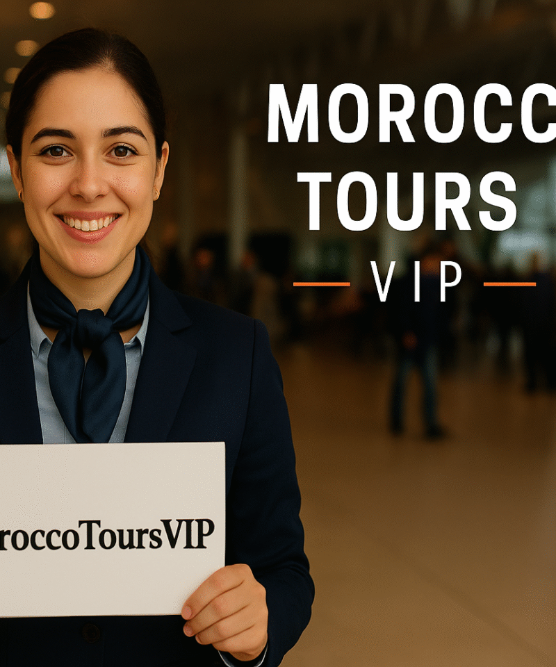 A smiling greeter at Marrakech airport holding a MoroccoToursVIP sign, ready to welcome guests.