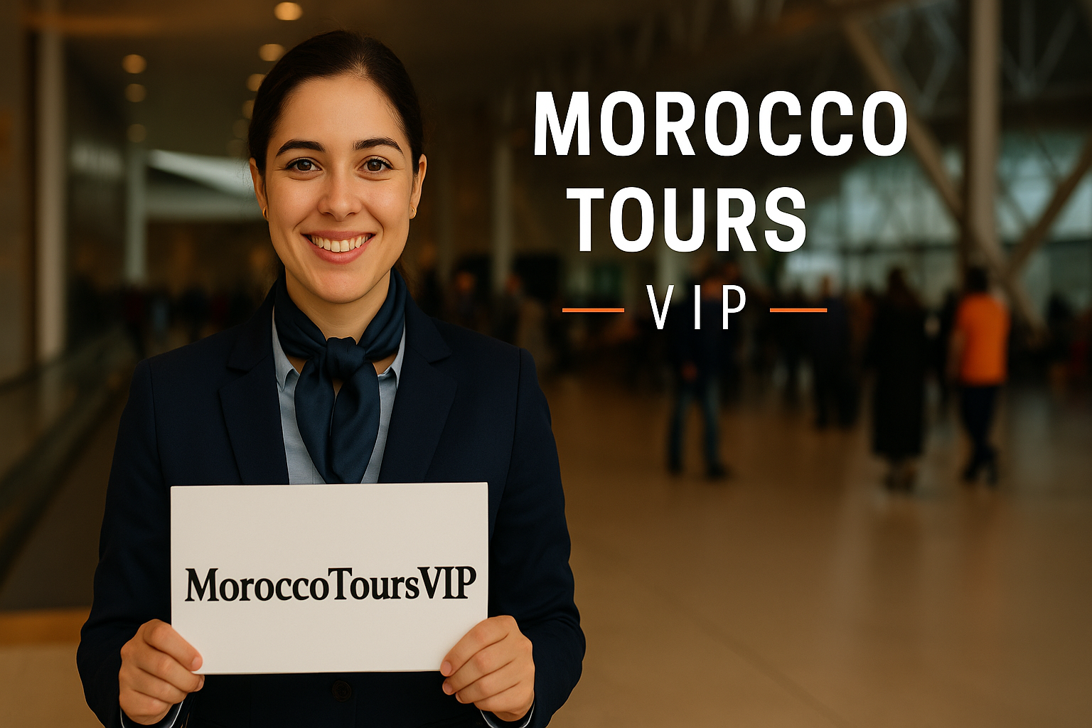 A smiling greeter at Marrakech airport holding a MoroccoToursVIP sign, ready to welcome guests.
