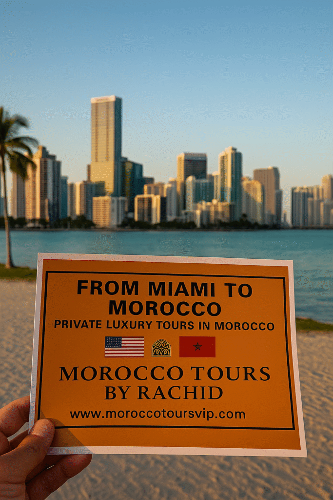 Promotional sign reading “From Miami to Morocco” held with Miami skyline in the background