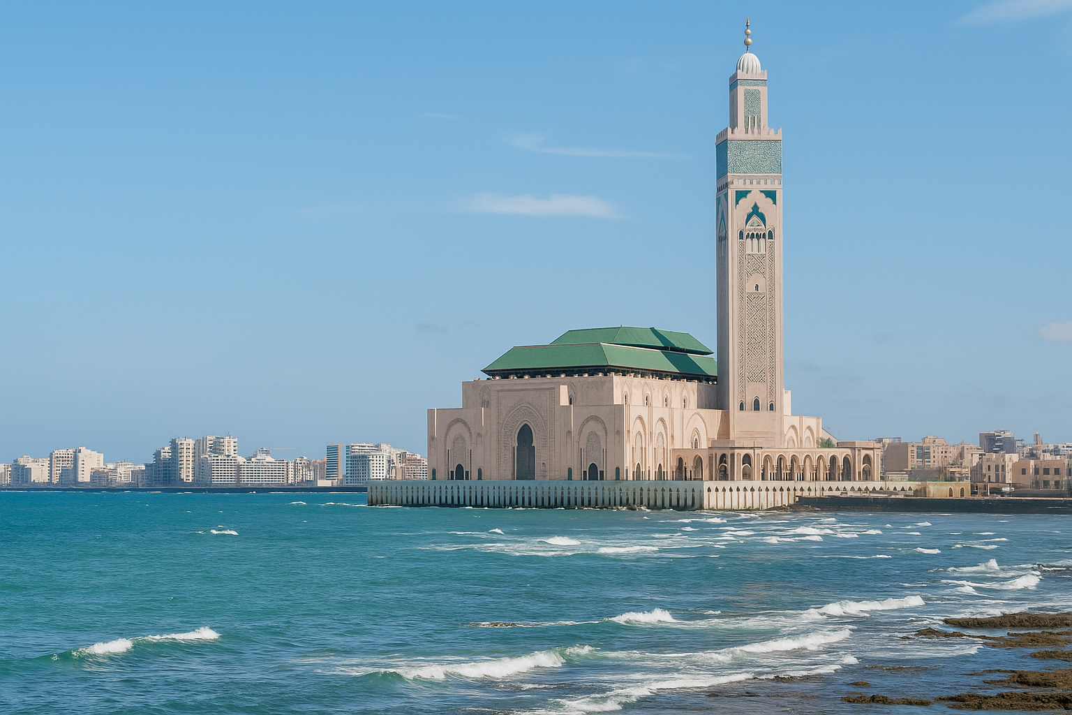 Hassan II Mosque in Casablanca overlooking the Atlantic Ocean on a clear day.
