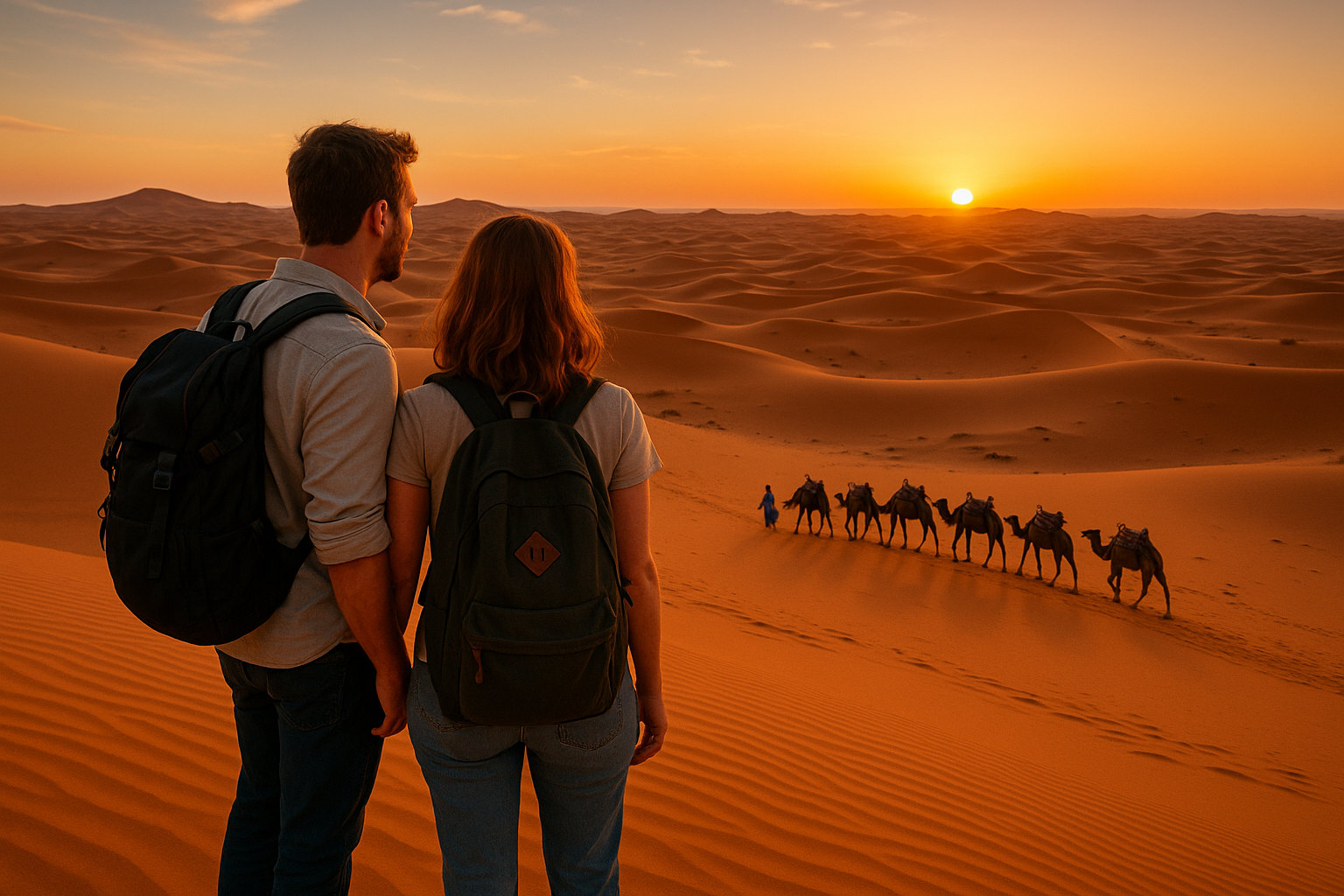 American couple watching a camel caravan cross the Sahara Desert at sunset in Morocco