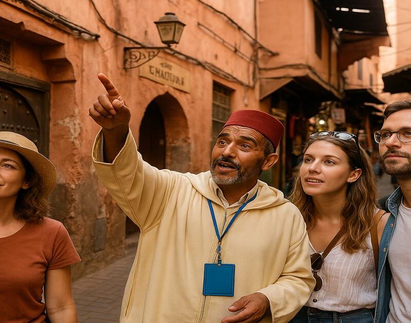 Local Moroccan tour guide showing private group around the Medina during a Morocco private excursion.