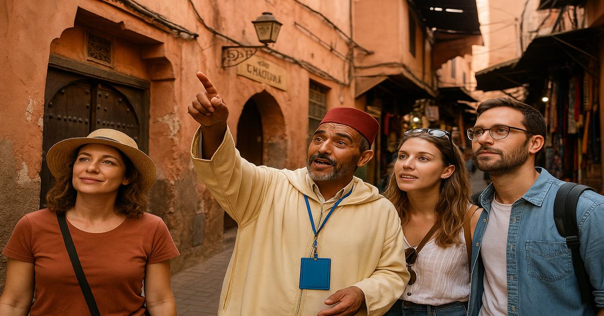 Local Moroccan tour guide showing private group around the Medina during a Morocco private excursion.