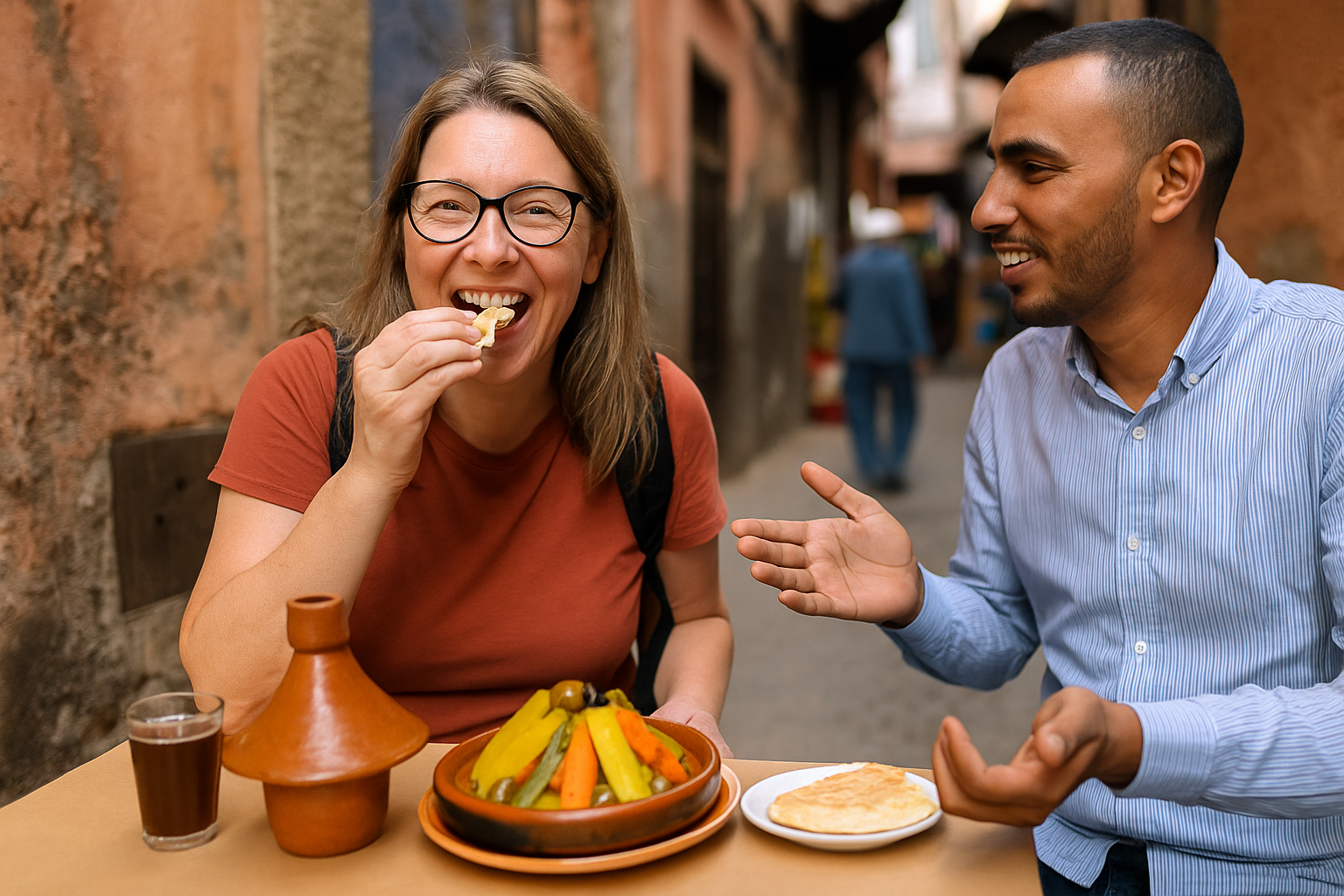 A smiling tourist enjoys a Moroccan vegetable tagine while chatting with a local guide in a narrow street of Marrakech.