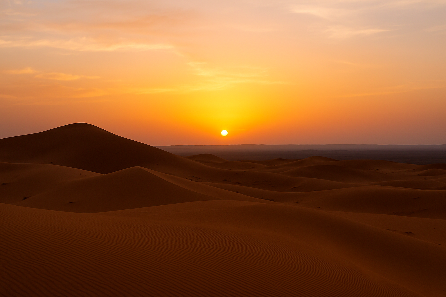 Sunset over the rolling dunes of the Sahara Desert during spring in Morocco