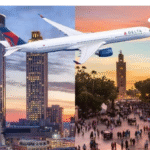 Delta Airlines plane flying from Atlanta to Marrakech, promoting new direct route and Morocco private tours.