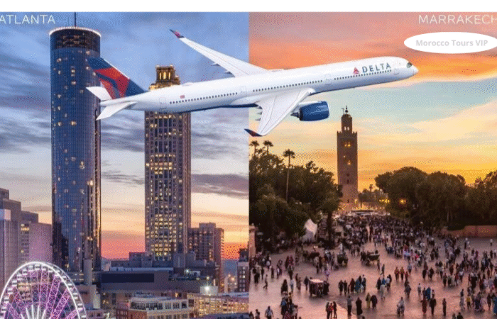 Delta Airlines plane flying from Atlanta to Marrakech, promoting new direct route and Morocco private tours.
