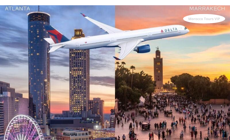 Delta Airlines plane flying from Atlanta to Marrakech, promoting new direct route and Morocco private tours.