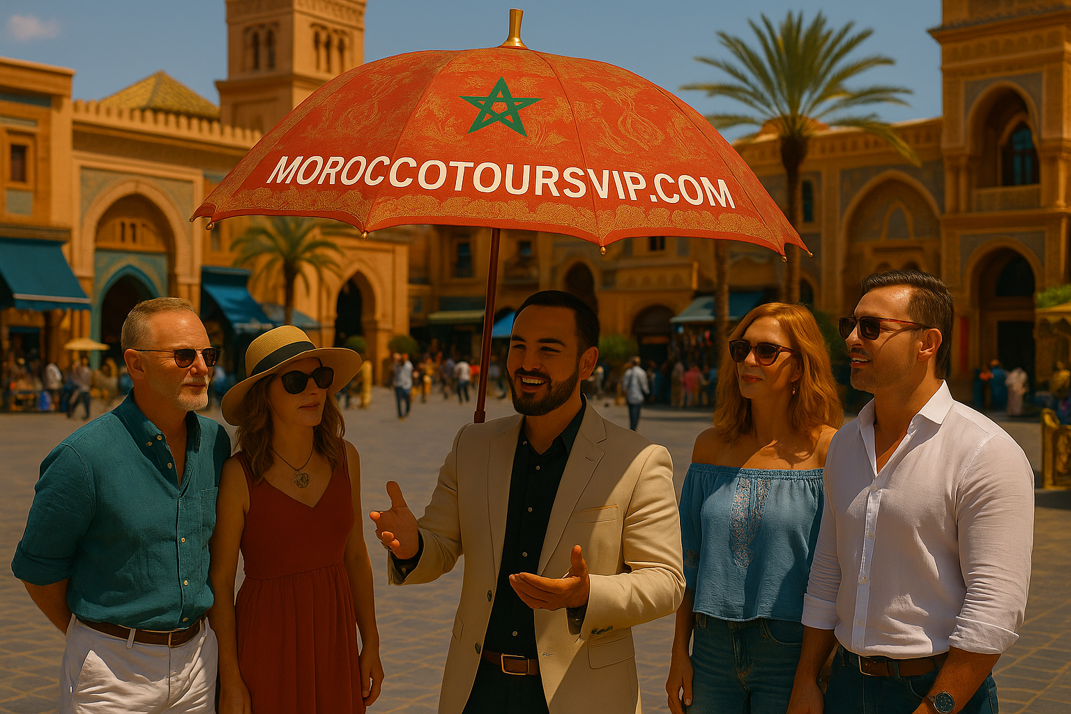 Marrakech Medina Street with Koutoubia Mosque View Street scene in Marrakech Medina with locals walking and Koutoubia Mosque visible in the distance