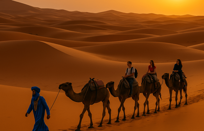 Camel caravan with tourists crossing the Sahara Desert at sunset in Morocco