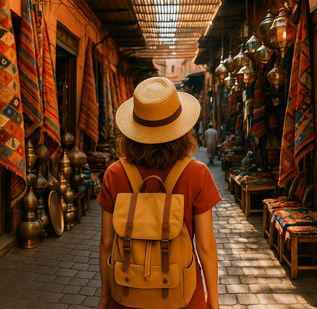 Solo Traveler Walking Through the Souks of Marrakech Female traveler with straw hat and backpack exploring a vibrant Moroccan souk