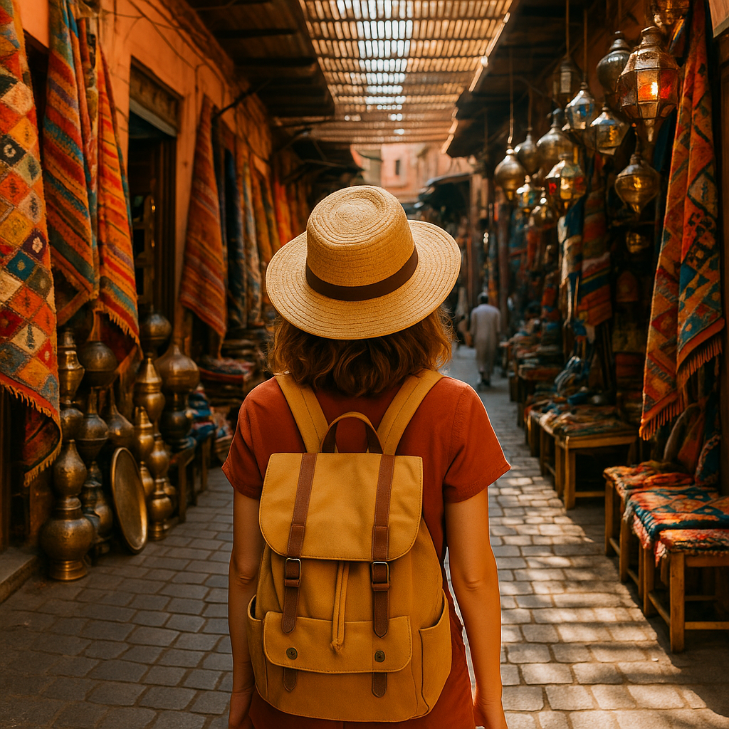 Female traveler with straw hat and backpack exploring a vibrant Moroccan souk