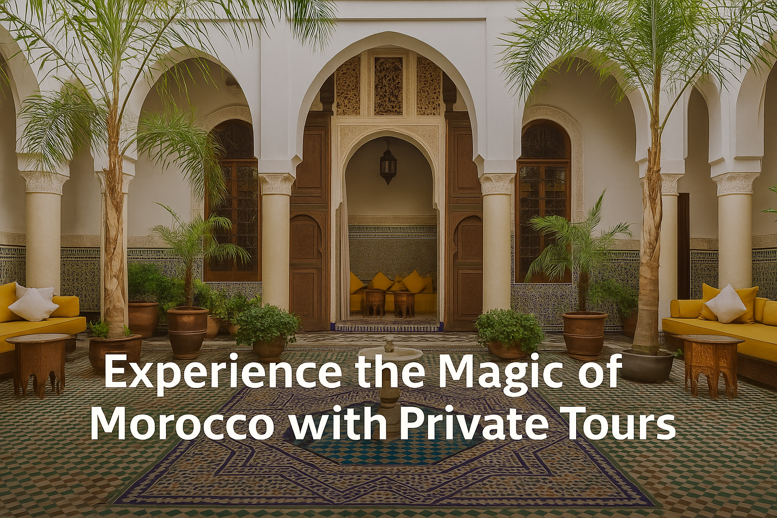 Traditional Moroccan riad courtyard with mosaic tiles, palm trees, and mustard-yellow seating, promoting private Morocco tours.