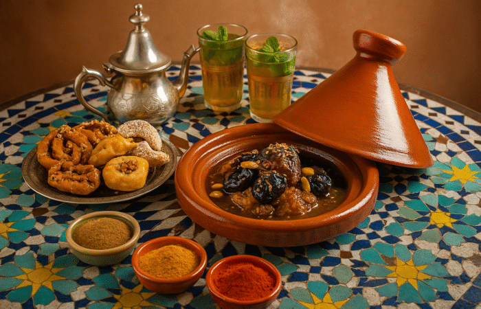 Traditional Moroccan architecture and vibrant marketplace in Marrakech, perfect for cultural travel experiences.