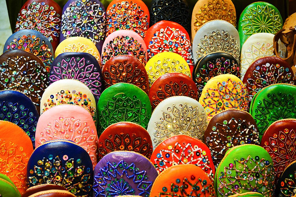 Moroccan leather bags and leather slippers in Marrakech