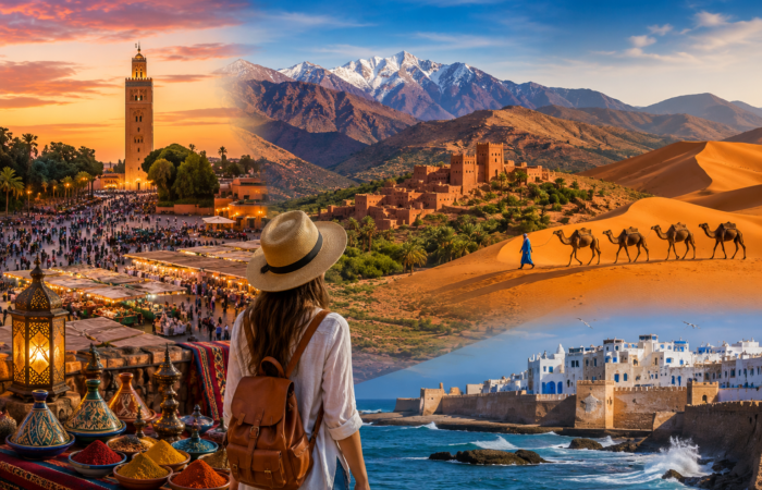 Places to visit in Morocco including Marrakech, Atlas Mountains, Sahara Desert and Essaouira