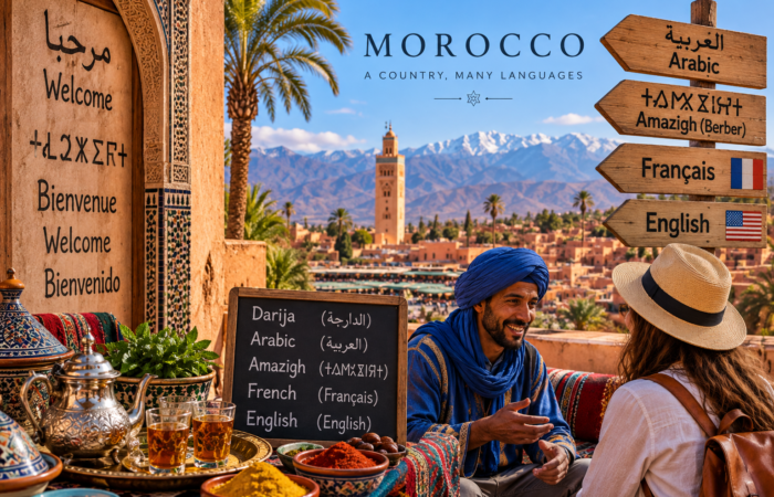Morocco language including Arabic, Darija, Amazigh Berber, French and English