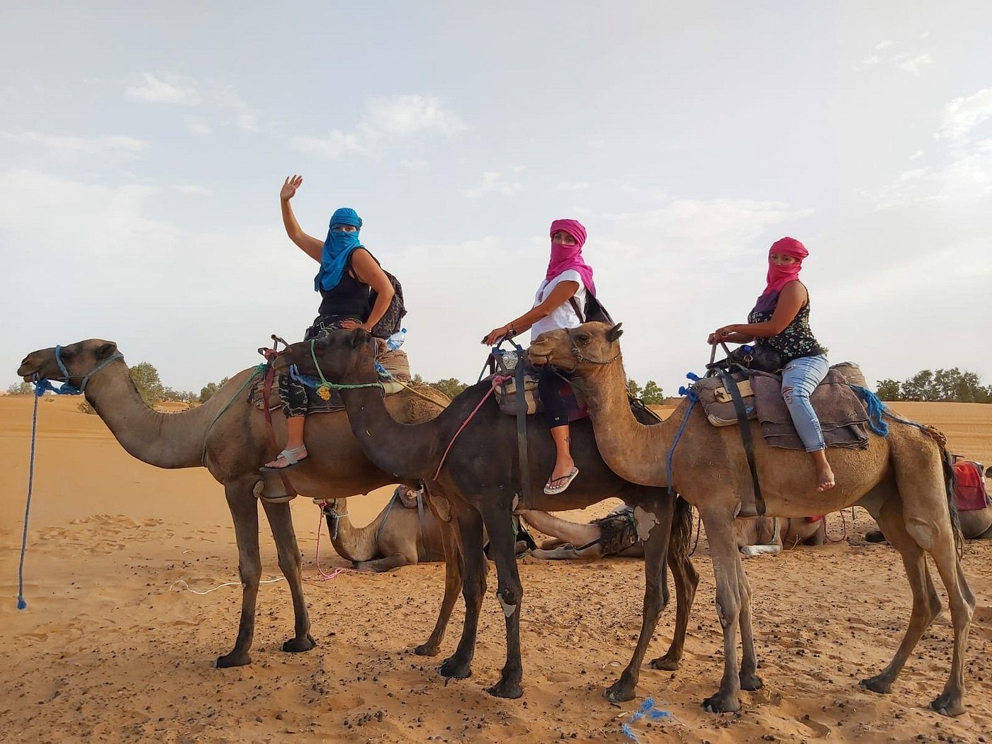 Sahara Desert Camel Ride in Morocco Travelers enjoying a camel ride in the Sahara Desert in Morocco