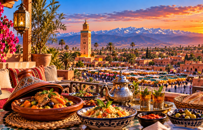 Marrakech Morocco rooftop with Koutoubia Mosque, Atlas Mountains and traditional Moroccan food